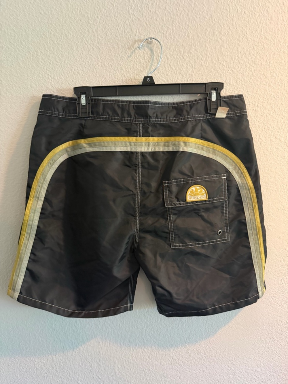 Sundek Men’s Black Swim Shorts with Yellow and Gray Stripes Size 31